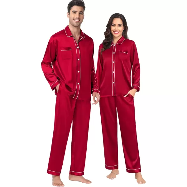 imageSWOMOG Couples Pajamas Sets Silk Satin Long Sleeve Sleepwear Button Down Loungewear Pjs Set Classic Pajama SXXLScarlet Red