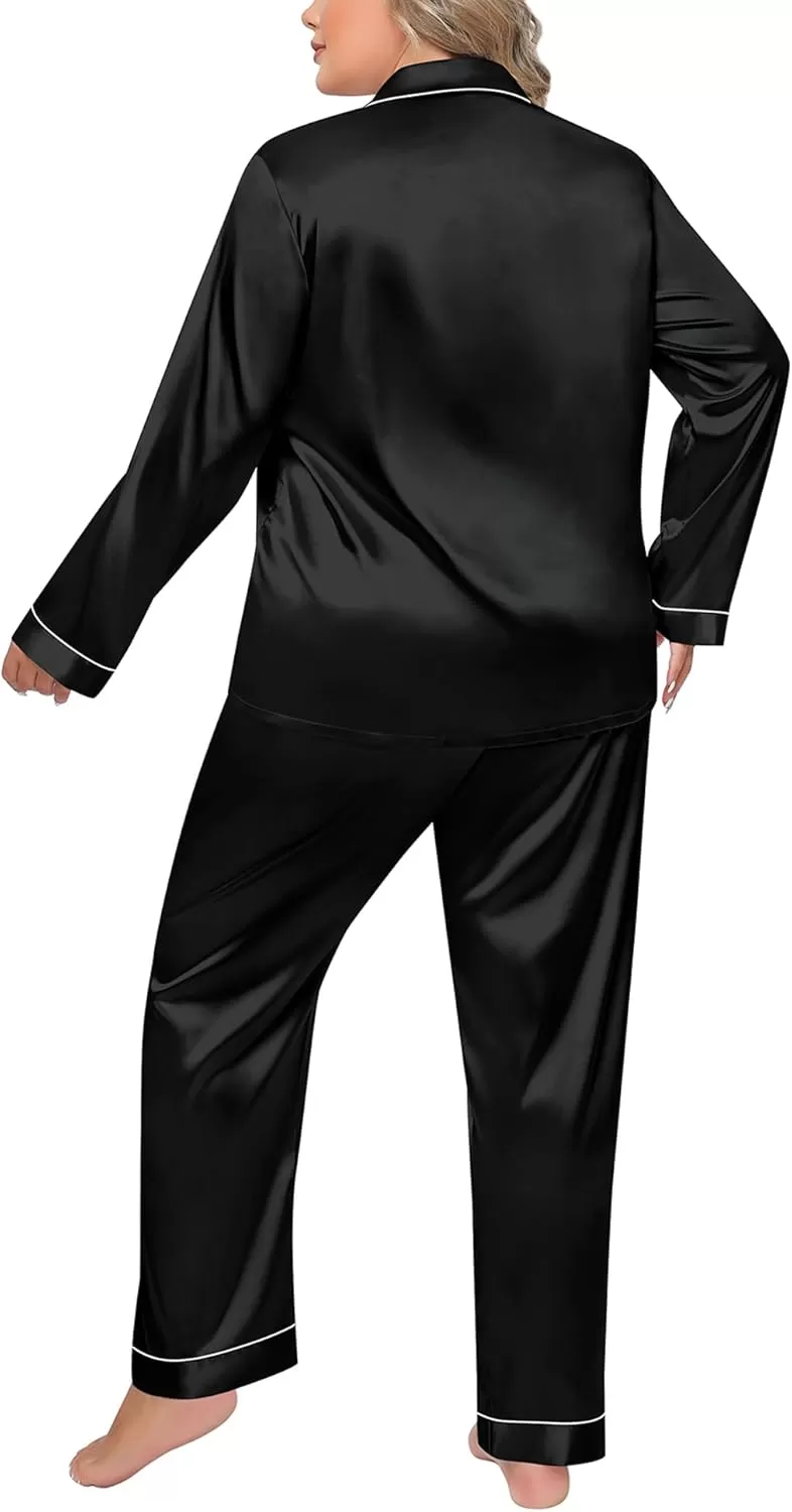 imageSWOMOG Women Plus Size Long Sleeve Pajamas Silk Satin Pajama Sets Button Down Sleepwear Pjs Loungewear with PocketsBlack