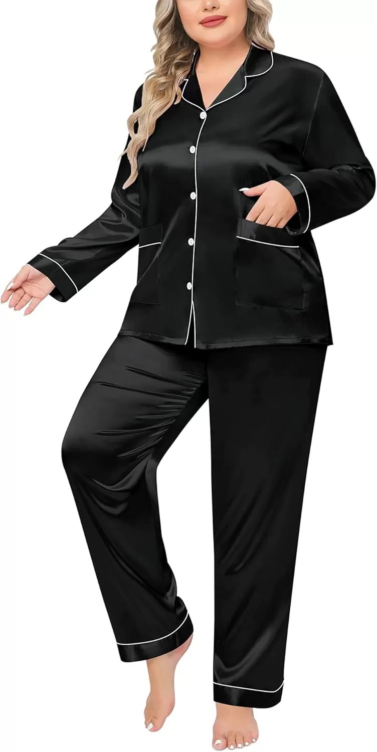 imageSWOMOG Women Plus Size Long Sleeve Pajamas Silk Satin Pajama Sets Button Down Sleepwear Pjs Loungewear with PocketsBlack