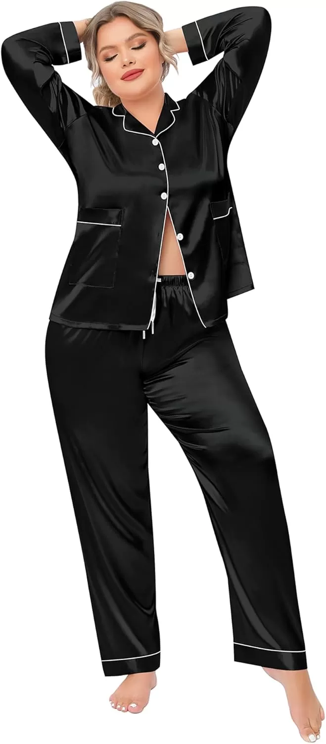 imageSWOMOG Women Plus Size Long Sleeve Pajamas Silk Satin Pajama Sets Button Down Sleepwear Pjs Loungewear with PocketsBlack