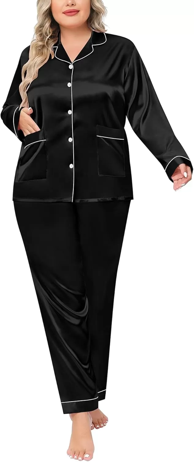 imageSWOMOG Women Plus Size Long Sleeve Pajamas Silk Satin Pajama Sets Button Down Sleepwear Pjs Loungewear with PocketsBlack