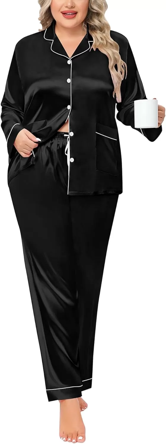 imageSWOMOG Women Plus Size Long Sleeve Pajamas Silk Satin Pajama Sets Button Down Sleepwear Pjs Loungewear with PocketsBlack
