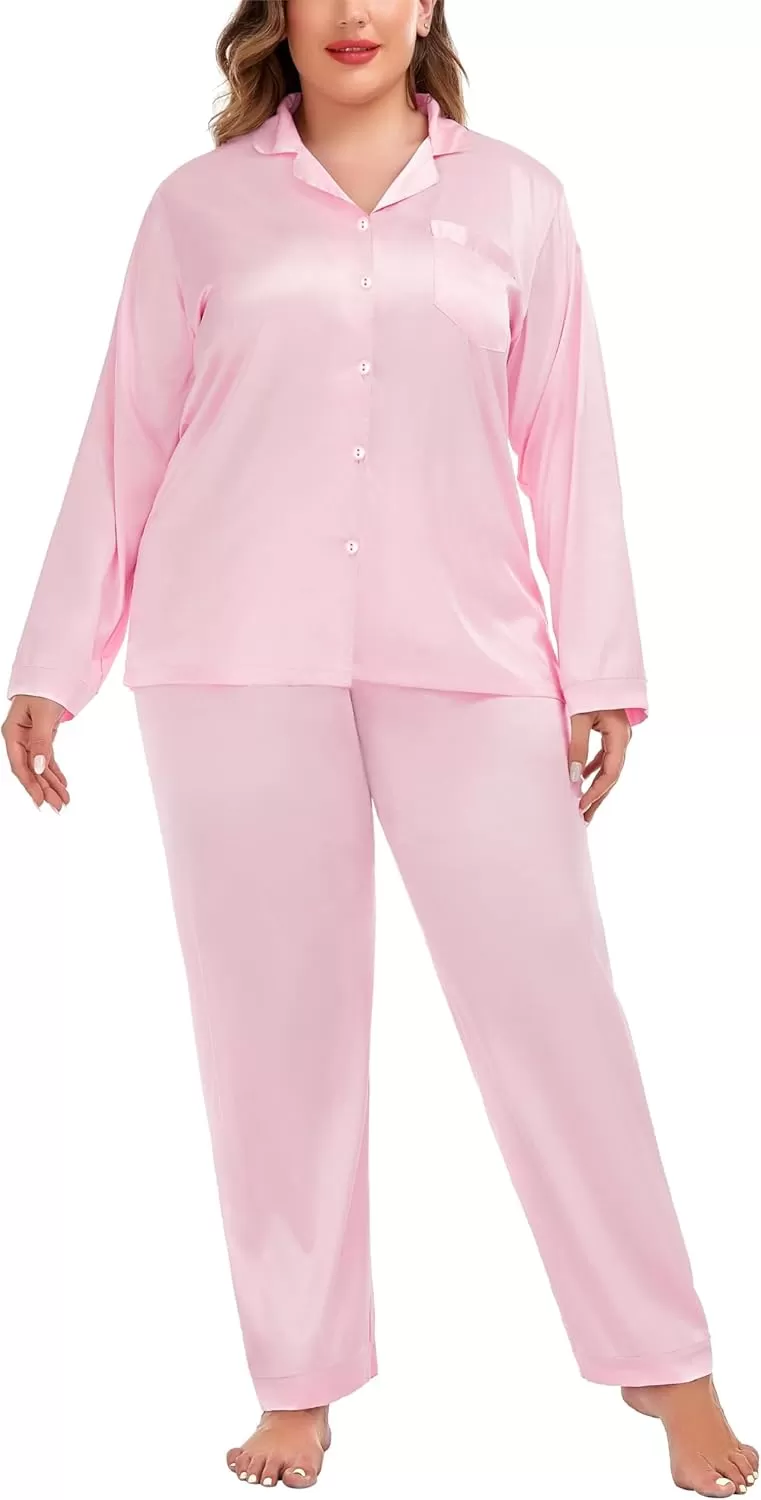 imageSWOMOG Women Plus Size Long Sleeve Pajamas Silk Satin Pajama Sets Button Down Sleepwear Pjs Loungewear with PocketsBlush