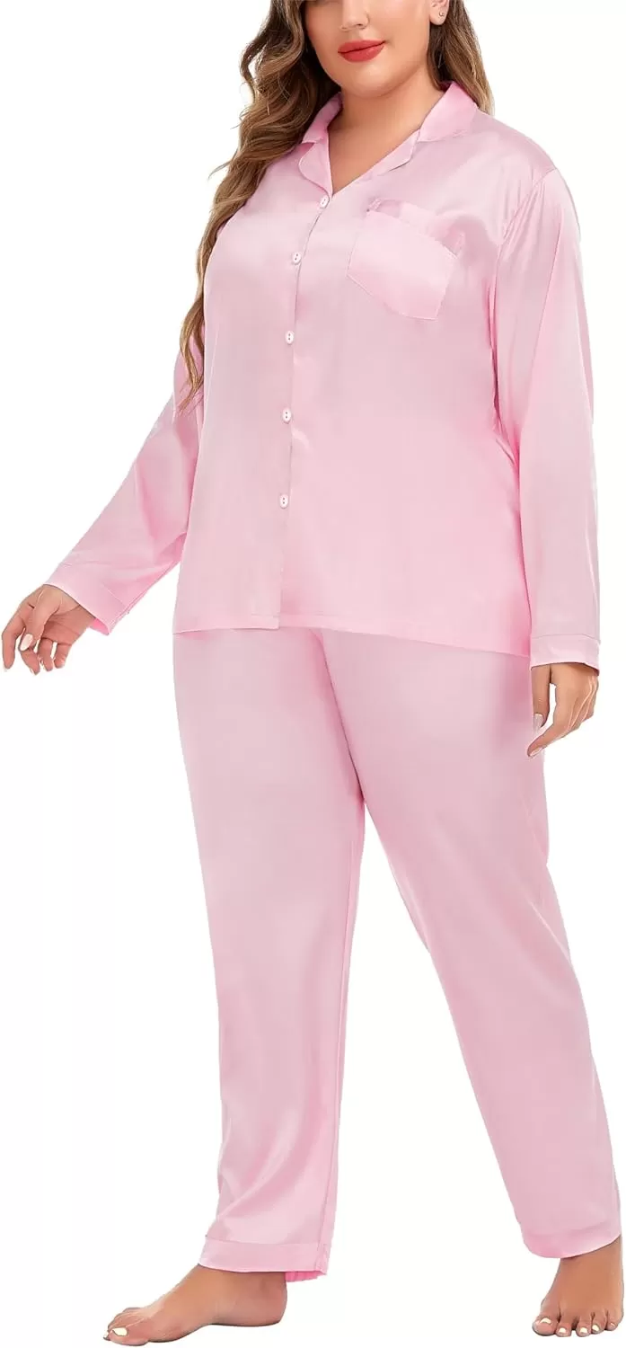 imageSWOMOG Women Plus Size Long Sleeve Pajamas Silk Satin Pajama Sets Button Down Sleepwear Pjs Loungewear with PocketsBlush