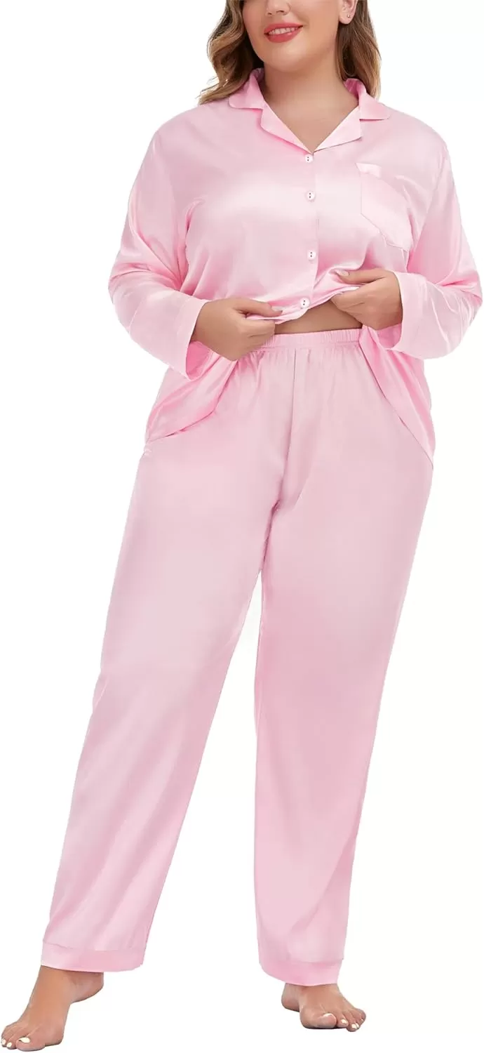 imageSWOMOG Women Plus Size Long Sleeve Pajamas Silk Satin Pajama Sets Button Down Sleepwear Pjs Loungewear with PocketsBlush
