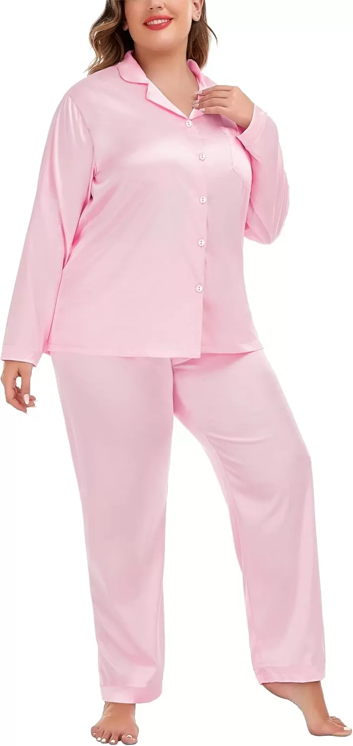 imageSWOMOG Women Plus Size Long Sleeve Pajamas Silk Satin Pajama Sets Button Down Sleepwear Pjs Loungewear with PocketsBlush