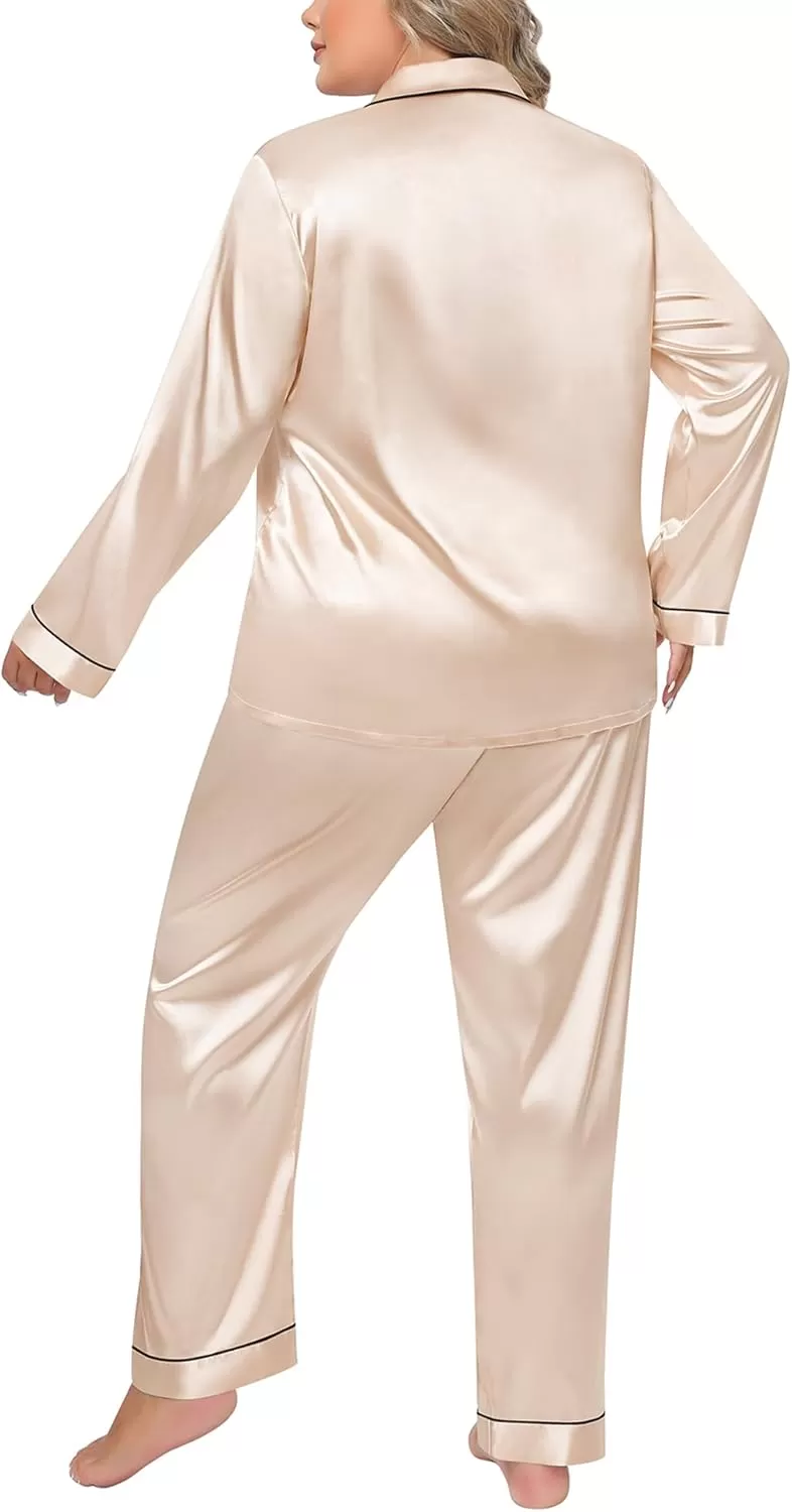 imageSWOMOG Women Plus Size Long Sleeve Pajamas Silk Satin Pajama Sets Button Down Sleepwear Pjs Loungewear with PocketsChampagne
