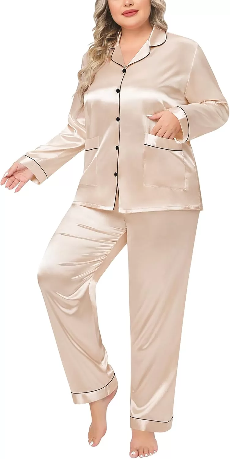 imageSWOMOG Women Plus Size Long Sleeve Pajamas Silk Satin Pajama Sets Button Down Sleepwear Pjs Loungewear with PocketsChampagne