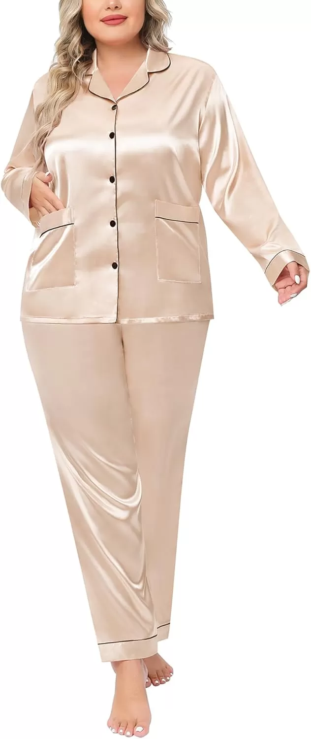 imageSWOMOG Women Plus Size Long Sleeve Pajamas Silk Satin Pajama Sets Button Down Sleepwear Pjs Loungewear with PocketsChampagne