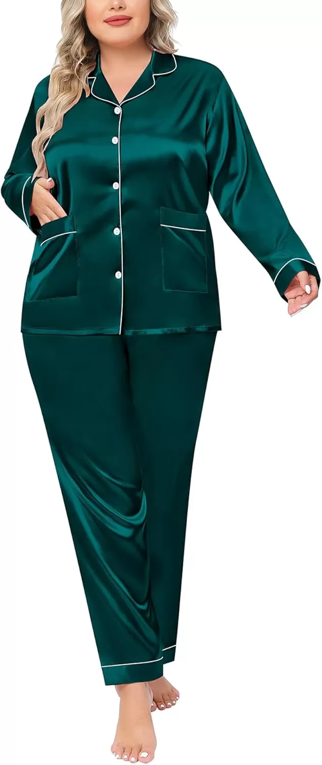 imageSWOMOG Women Plus Size Long Sleeve Pajamas Silk Satin Pajama Sets Button Down Sleepwear Pjs Loungewear with PocketsDeep Green