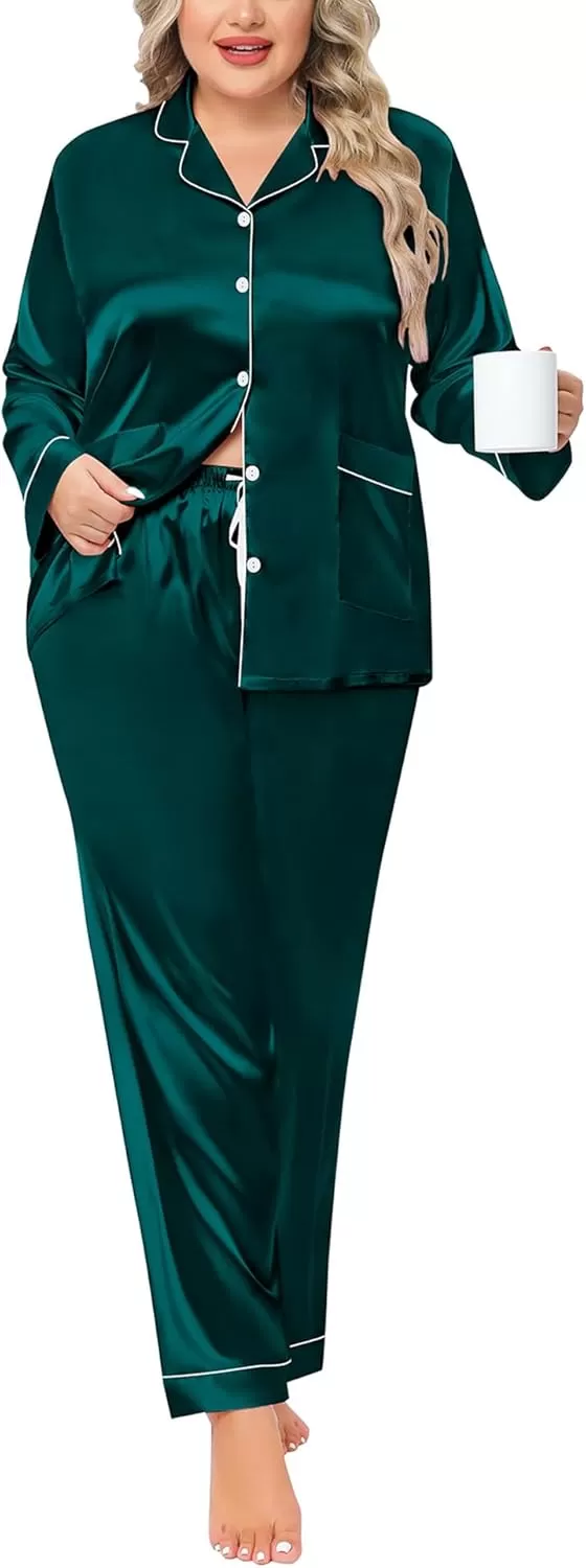imageSWOMOG Women Plus Size Long Sleeve Pajamas Silk Satin Pajama Sets Button Down Sleepwear Pjs Loungewear with PocketsDeep Green