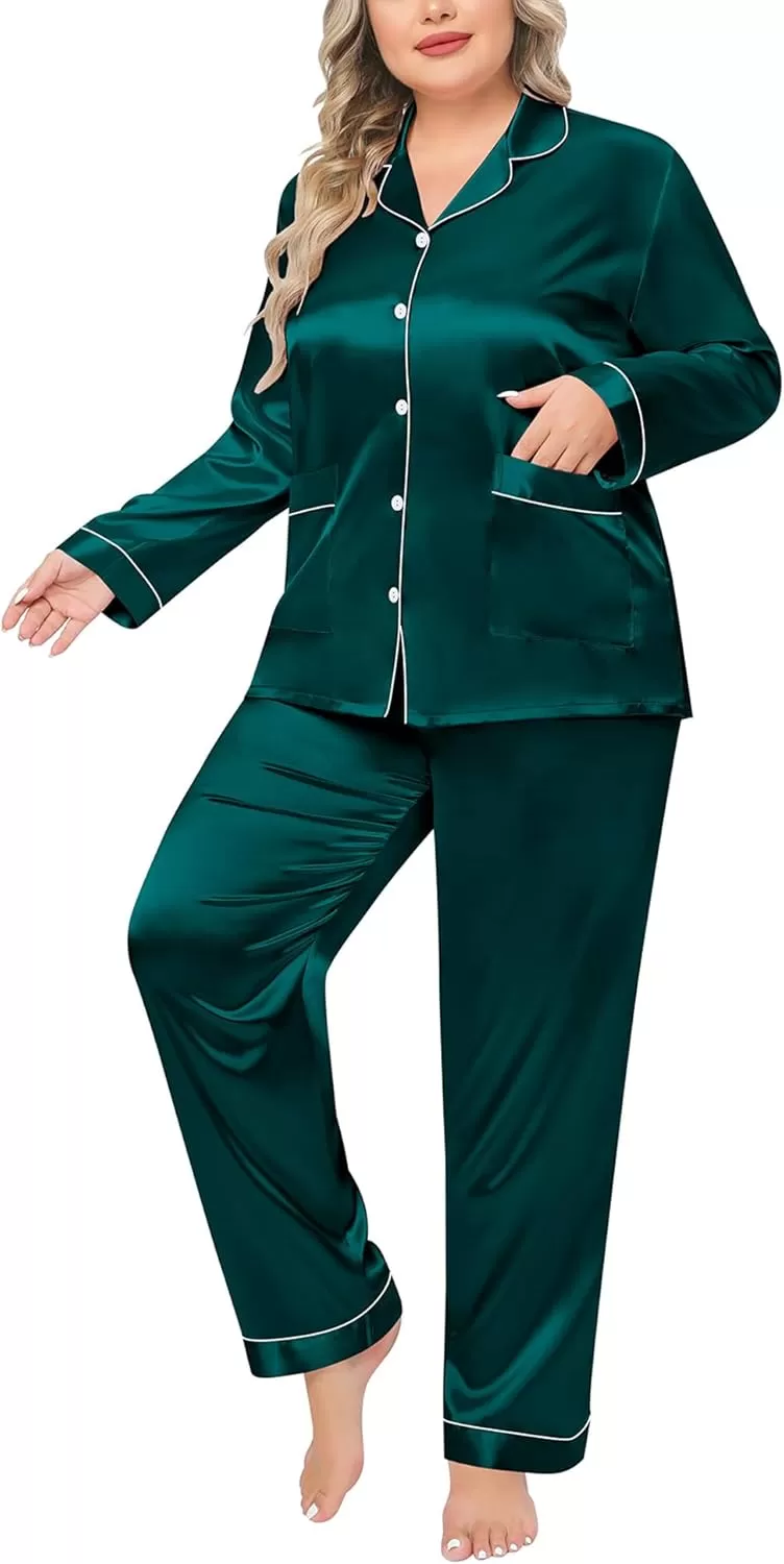 imageSWOMOG Women Plus Size Long Sleeve Pajamas Silk Satin Pajama Sets Button Down Sleepwear Pjs Loungewear with PocketsDeep Green