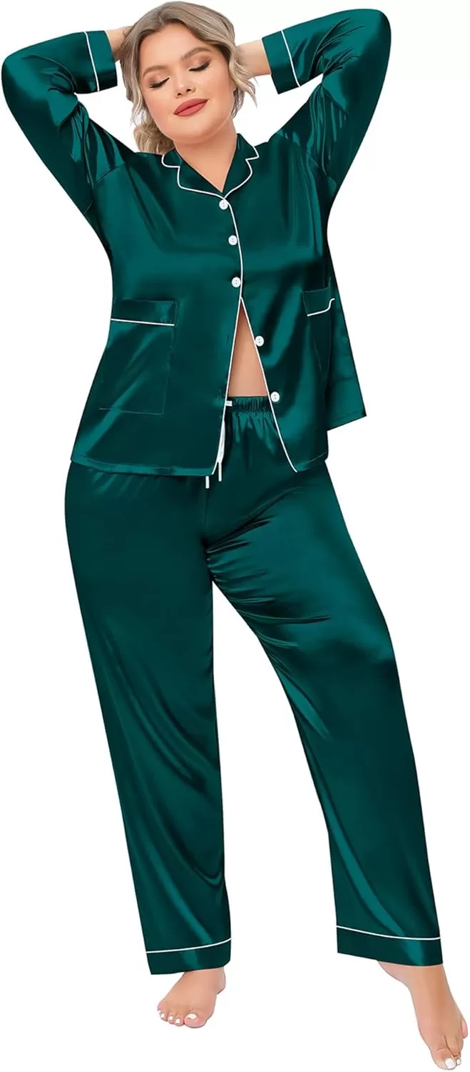 imageSWOMOG Women Plus Size Long Sleeve Pajamas Silk Satin Pajama Sets Button Down Sleepwear Pjs Loungewear with PocketsDeep Green