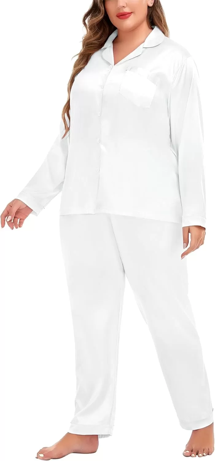 imageSWOMOG Women Plus Size Long Sleeve Pajamas Silk Satin Pajama Sets Button Down Sleepwear Pjs Loungewear with PocketsEggshell