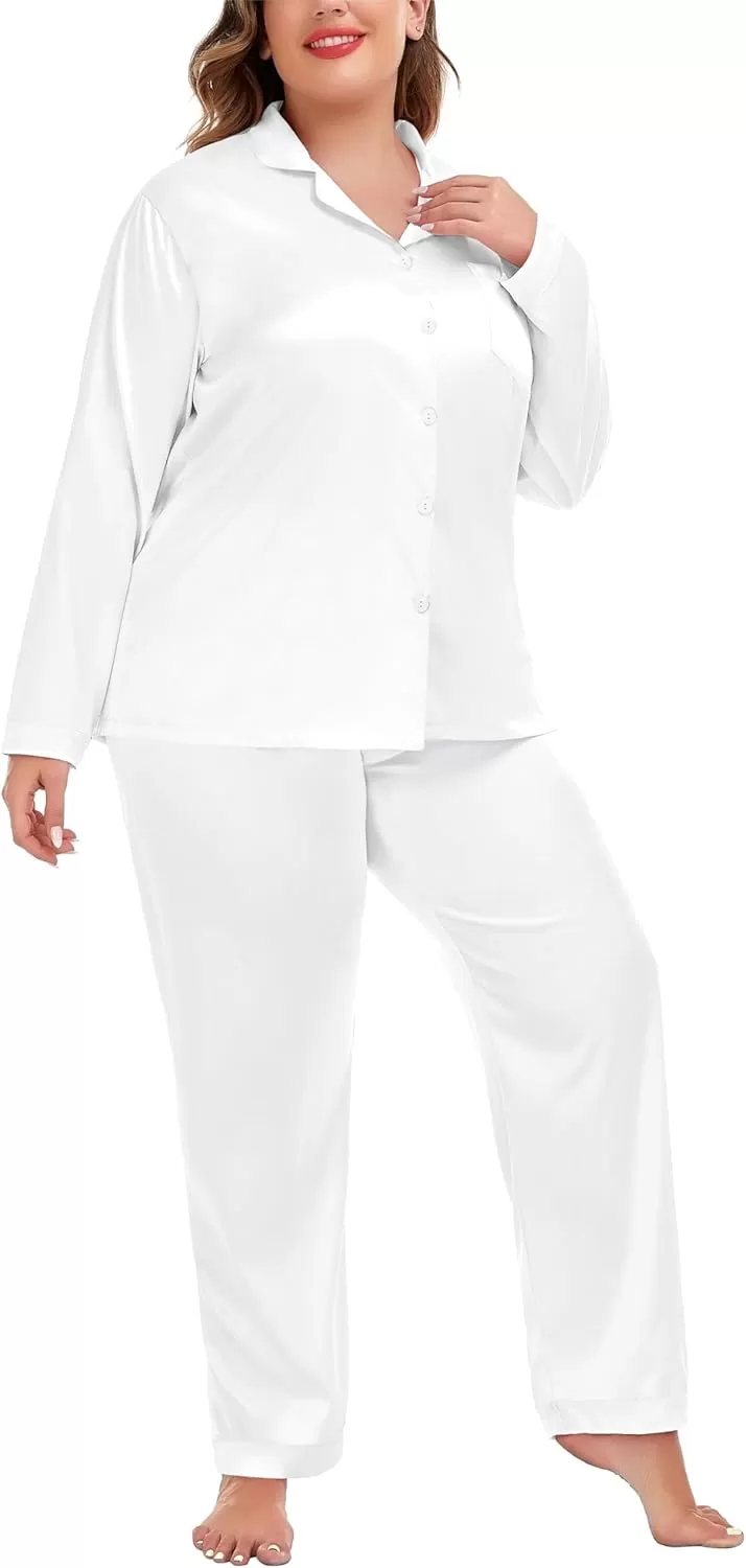 imageSWOMOG Women Plus Size Long Sleeve Pajamas Silk Satin Pajama Sets Button Down Sleepwear Pjs Loungewear with PocketsEggshell