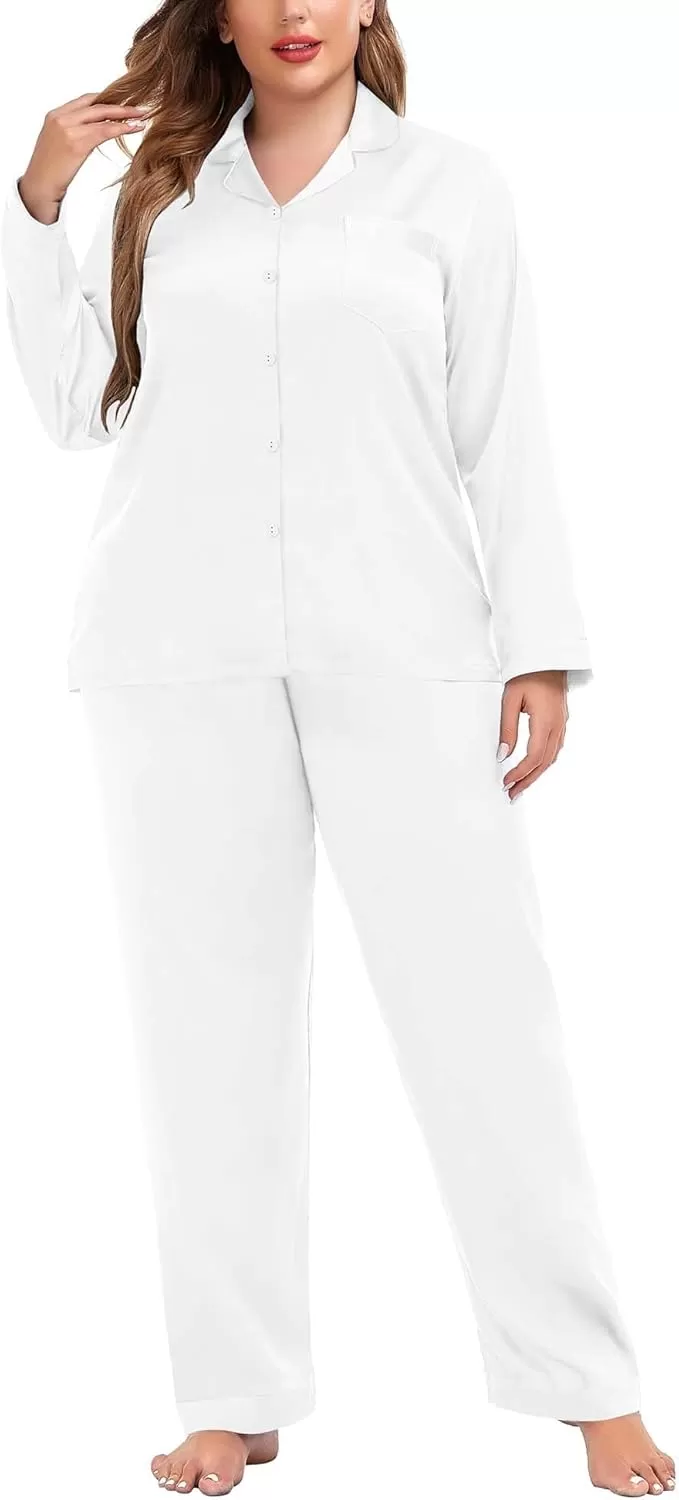 imageSWOMOG Women Plus Size Long Sleeve Pajamas Silk Satin Pajama Sets Button Down Sleepwear Pjs Loungewear with PocketsEggshell