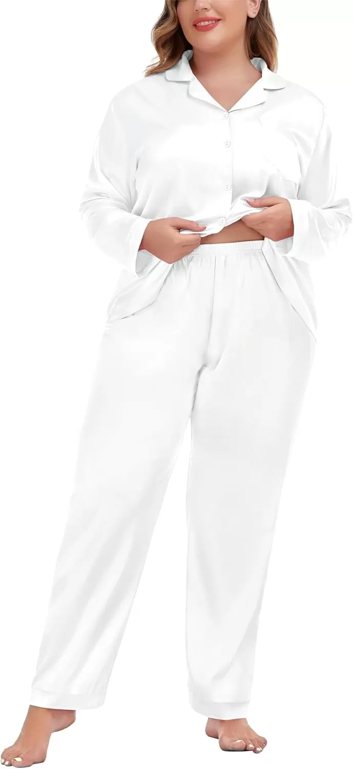 imageSWOMOG Women Plus Size Long Sleeve Pajamas Silk Satin Pajama Sets Button Down Sleepwear Pjs Loungewear with PocketsEggshell