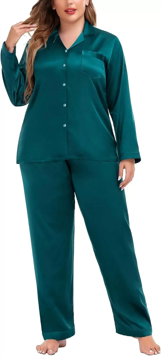 imageSWOMOG Women Plus Size Long Sleeve Pajamas Silk Satin Pajama Sets Button Down Sleepwear Pjs Loungewear with PocketsForest