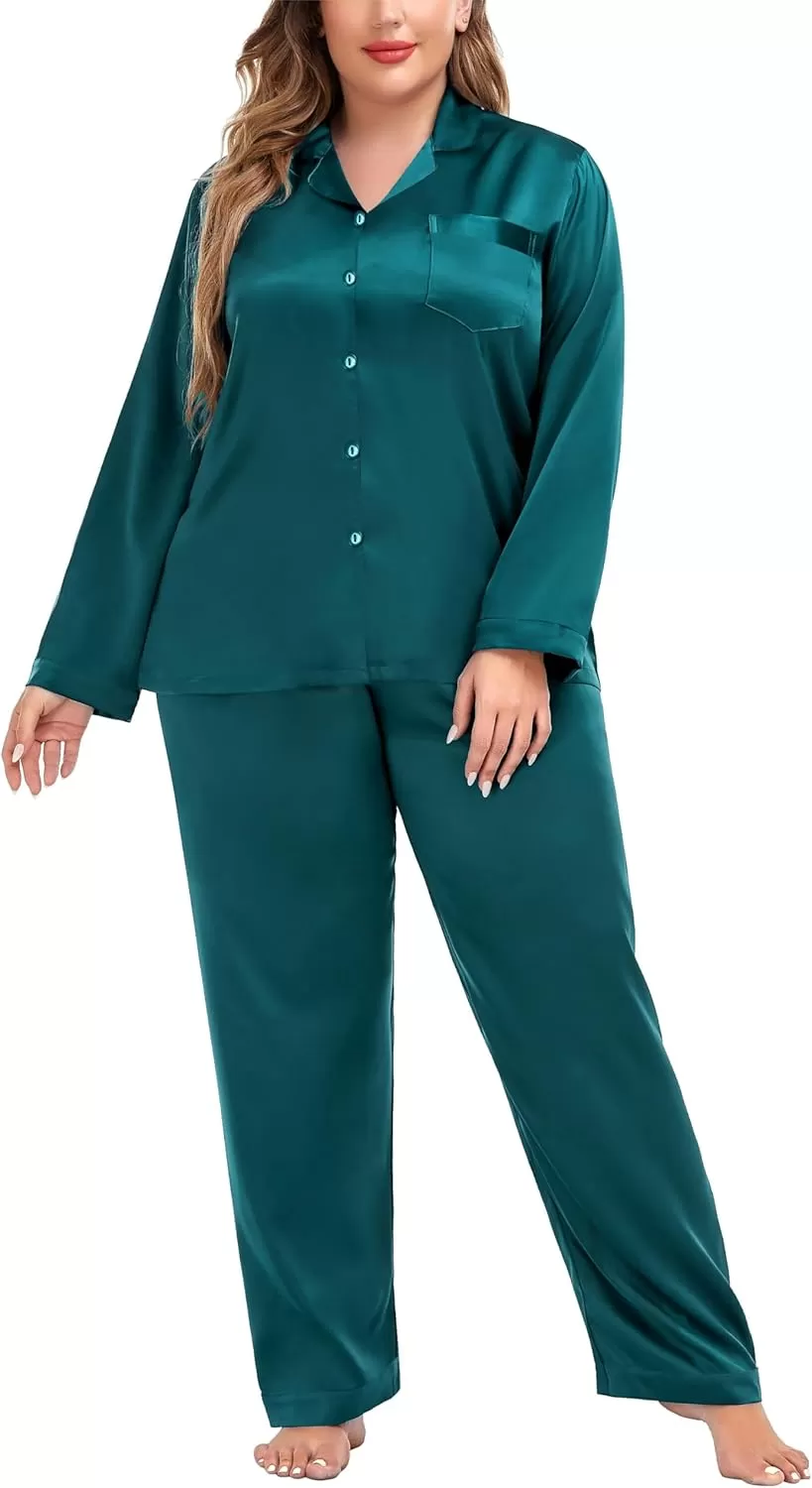 imageSWOMOG Women Plus Size Long Sleeve Pajamas Silk Satin Pajama Sets Button Down Sleepwear Pjs Loungewear with PocketsForest