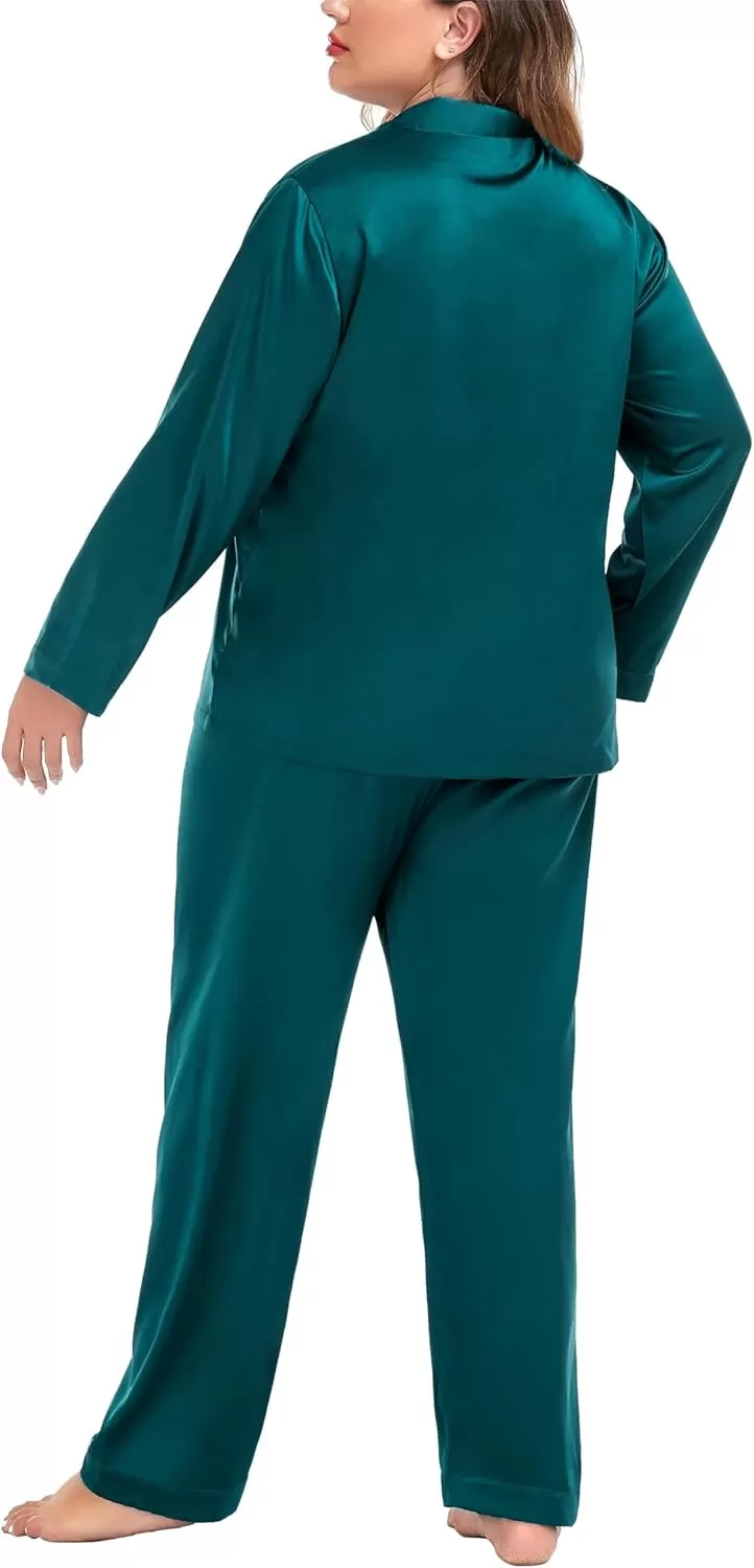 imageSWOMOG Women Plus Size Long Sleeve Pajamas Silk Satin Pajama Sets Button Down Sleepwear Pjs Loungewear with PocketsForest
