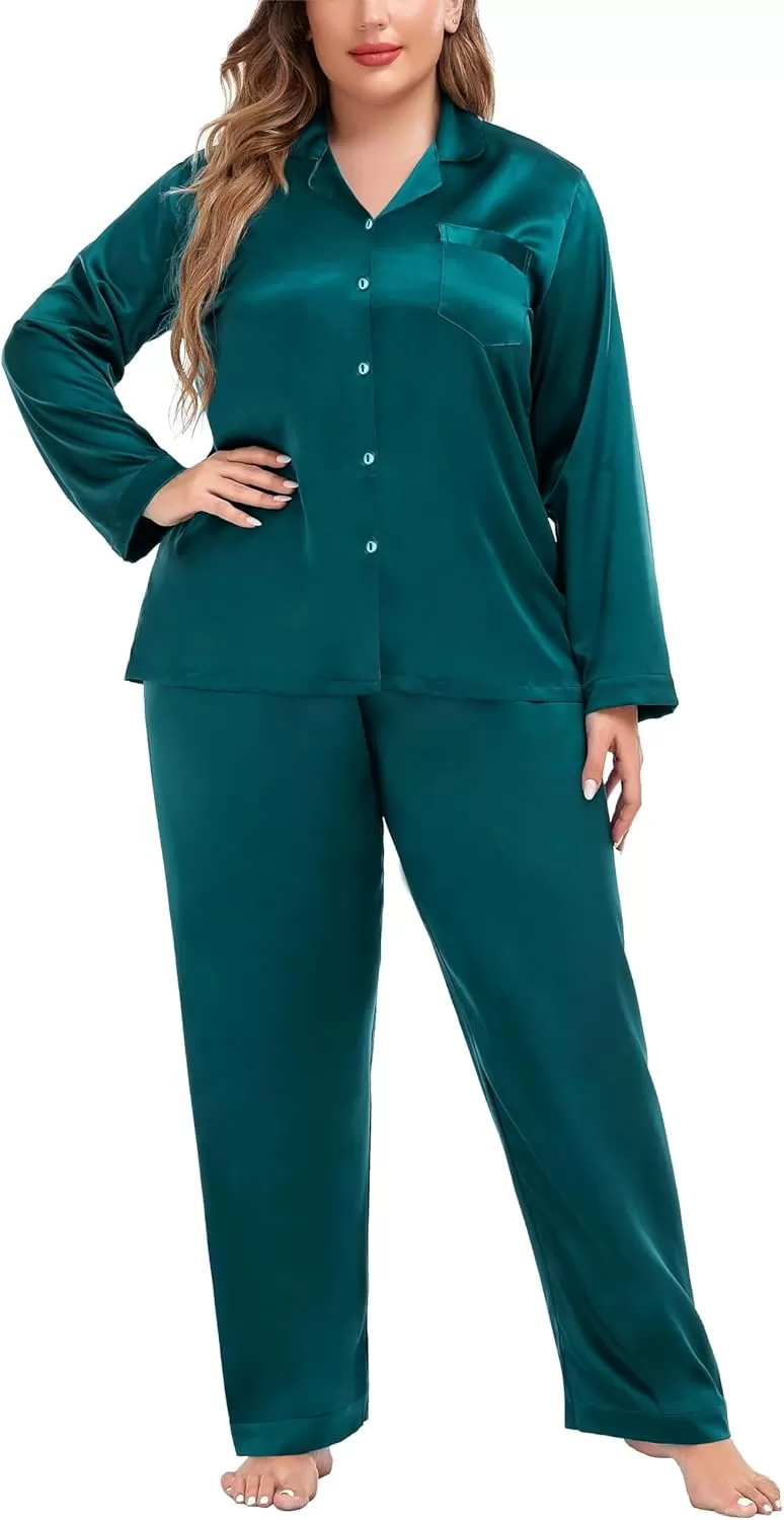 imageSWOMOG Women Plus Size Long Sleeve Pajamas Silk Satin Pajama Sets Button Down Sleepwear Pjs Loungewear with PocketsForest