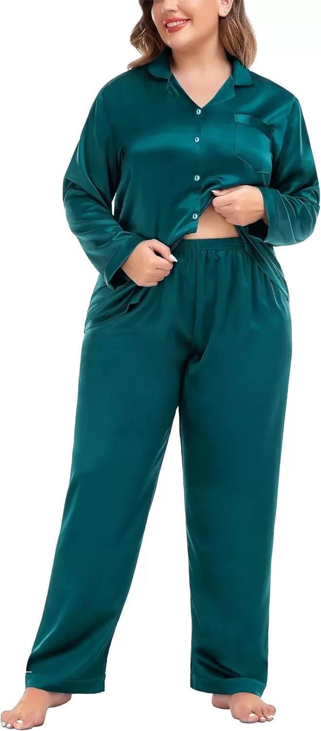 imageSWOMOG Women Plus Size Long Sleeve Pajamas Silk Satin Pajama Sets Button Down Sleepwear Pjs Loungewear with PocketsForest
