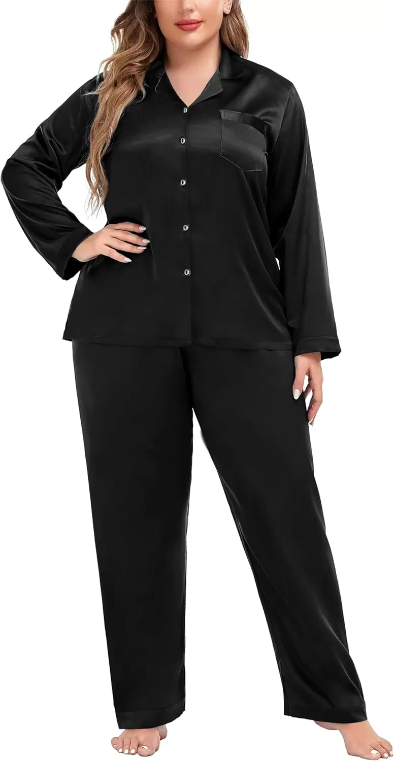 imageSWOMOG Women Plus Size Long Sleeve Pajamas Silk Satin Pajama Sets Button Down Sleepwear Pjs Loungewear with PocketsInk
