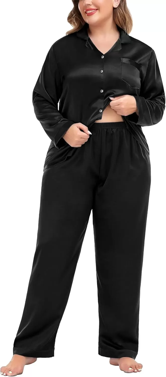 imageSWOMOG Women Plus Size Long Sleeve Pajamas Silk Satin Pajama Sets Button Down Sleepwear Pjs Loungewear with PocketsInk