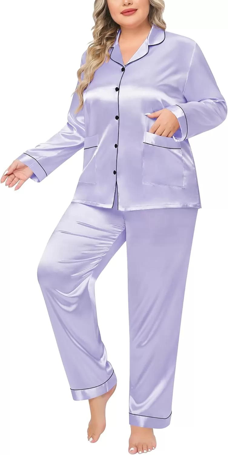 imageSWOMOG Women Plus Size Long Sleeve Pajamas Silk Satin Pajama Sets Button Down Sleepwear Pjs Loungewear with PocketsLavender