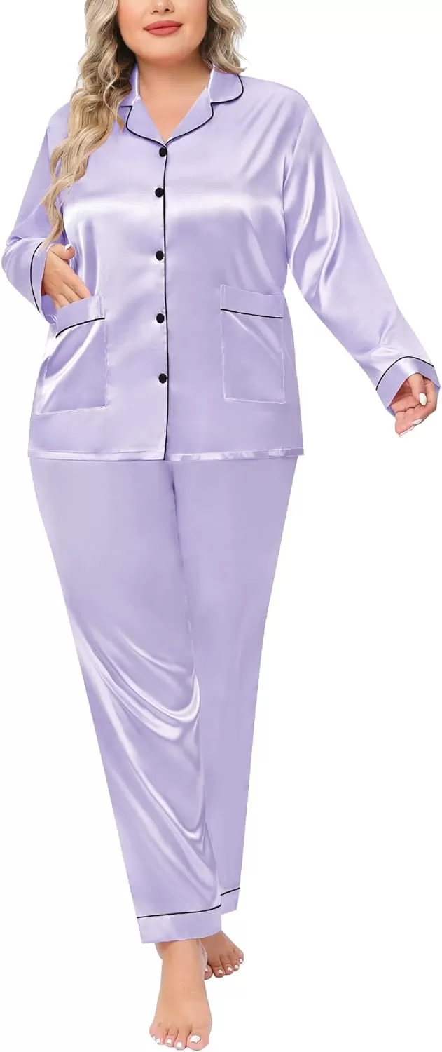 imageSWOMOG Women Plus Size Long Sleeve Pajamas Silk Satin Pajama Sets Button Down Sleepwear Pjs Loungewear with PocketsLavender