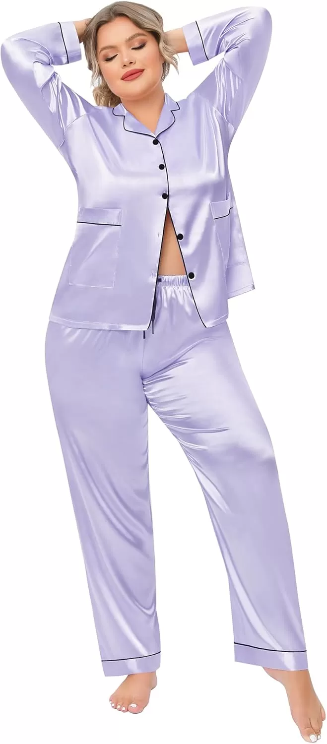 imageSWOMOG Women Plus Size Long Sleeve Pajamas Silk Satin Pajama Sets Button Down Sleepwear Pjs Loungewear with PocketsLavender