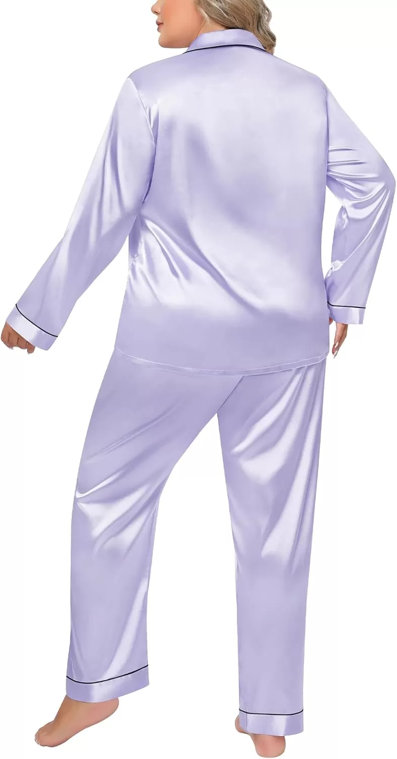 imageSWOMOG Women Plus Size Long Sleeve Pajamas Silk Satin Pajama Sets Button Down Sleepwear Pjs Loungewear with PocketsLavender