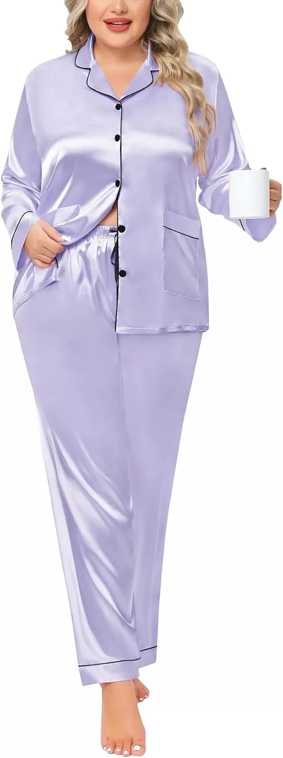 imageSWOMOG Women Plus Size Long Sleeve Pajamas Silk Satin Pajama Sets Button Down Sleepwear Pjs Loungewear with PocketsLavender