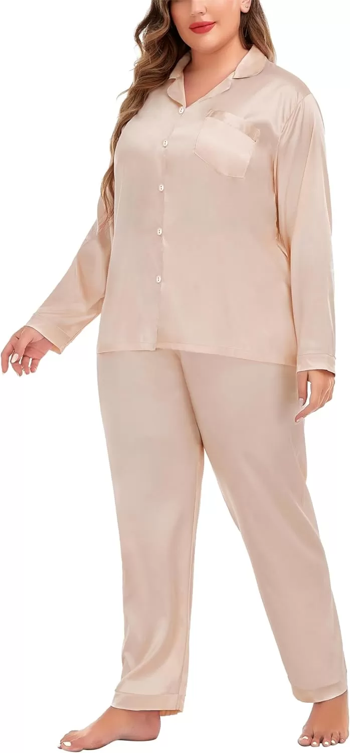 imageSWOMOG Women Plus Size Long Sleeve Pajamas Silk Satin Pajama Sets Button Down Sleepwear Pjs Loungewear with PocketsLight Yellow