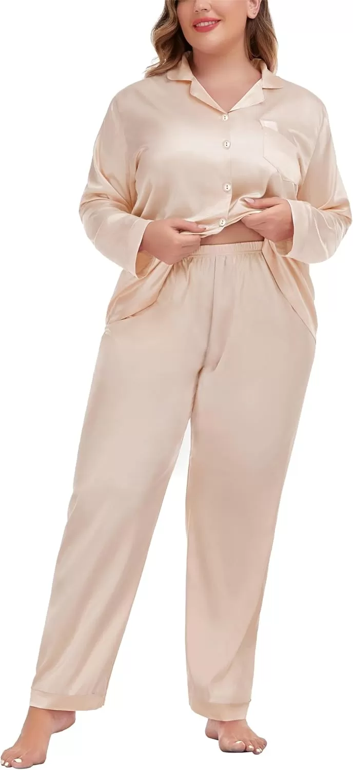 imageSWOMOG Women Plus Size Long Sleeve Pajamas Silk Satin Pajama Sets Button Down Sleepwear Pjs Loungewear with PocketsLight Yellow
