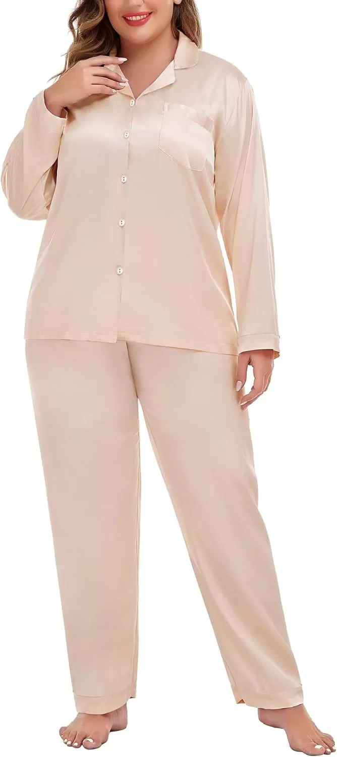 imageSWOMOG Women Plus Size Long Sleeve Pajamas Silk Satin Pajama Sets Button Down Sleepwear Pjs Loungewear with PocketsLight Yellow