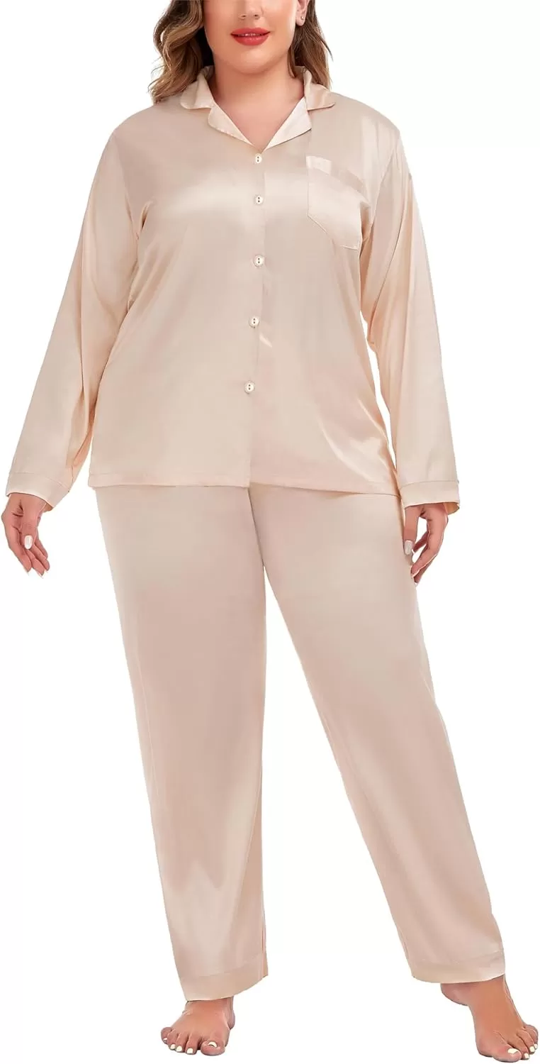imageSWOMOG Women Plus Size Long Sleeve Pajamas Silk Satin Pajama Sets Button Down Sleepwear Pjs Loungewear with PocketsLight Yellow