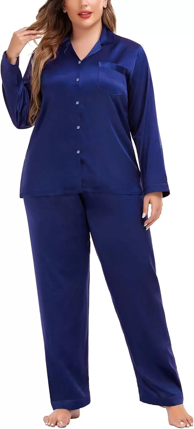 imageSWOMOG Women Plus Size Long Sleeve Pajamas Silk Satin Pajama Sets Button Down Sleepwear Pjs Loungewear with PocketsMidnight Blue
