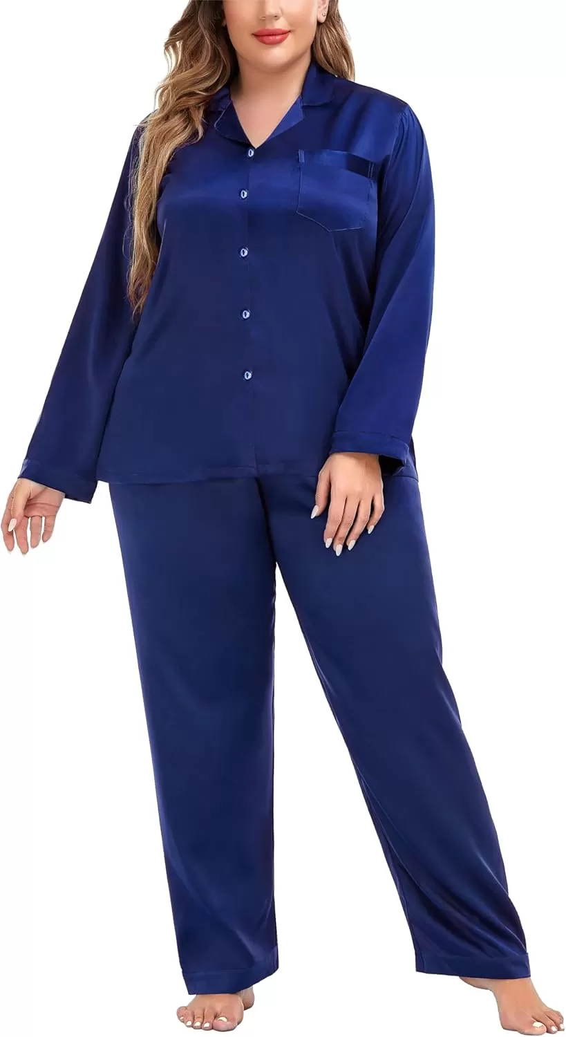 imageSWOMOG Women Plus Size Long Sleeve Pajamas Silk Satin Pajama Sets Button Down Sleepwear Pjs Loungewear with PocketsMidnight Blue
