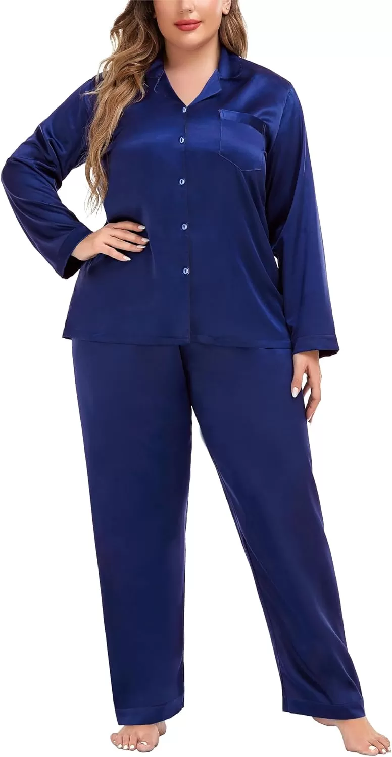 imageSWOMOG Women Plus Size Long Sleeve Pajamas Silk Satin Pajama Sets Button Down Sleepwear Pjs Loungewear with PocketsMidnight Blue