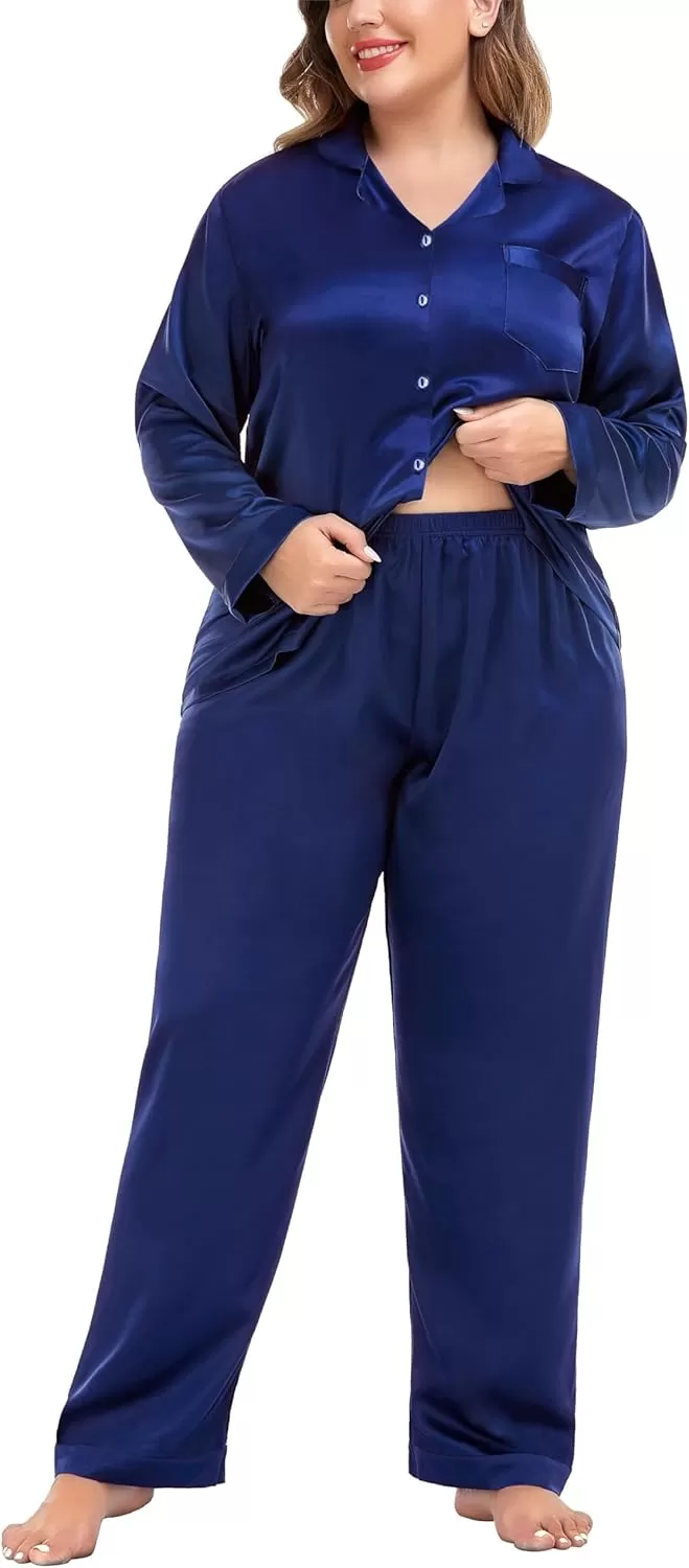 imageSWOMOG Women Plus Size Long Sleeve Pajamas Silk Satin Pajama Sets Button Down Sleepwear Pjs Loungewear with PocketsMidnight Blue