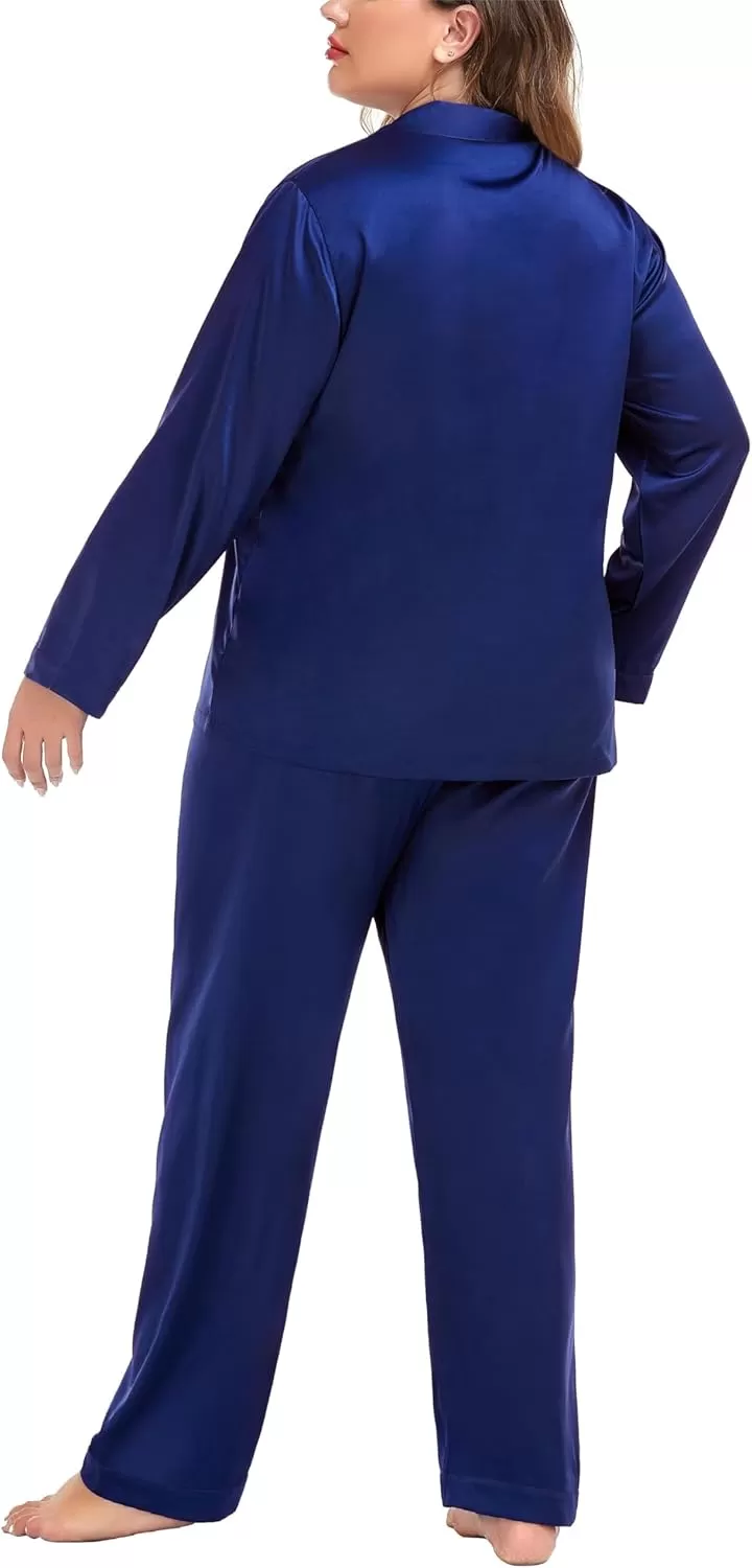 imageSWOMOG Women Plus Size Long Sleeve Pajamas Silk Satin Pajama Sets Button Down Sleepwear Pjs Loungewear with PocketsMidnight Blue