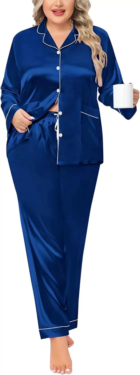 imageSWOMOG Women Plus Size Long Sleeve Pajamas Silk Satin Pajama Sets Button Down Sleepwear Pjs Loungewear with PocketsNavy Blue