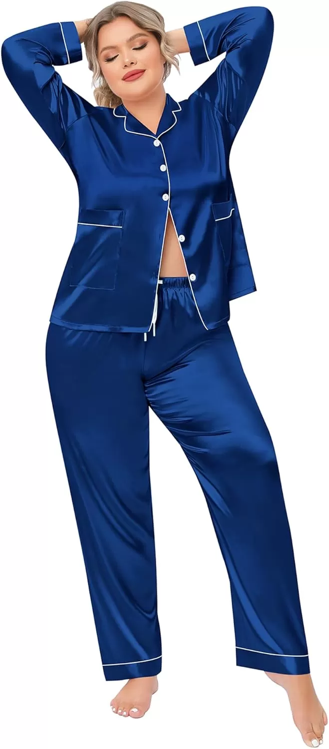 imageSWOMOG Women Plus Size Long Sleeve Pajamas Silk Satin Pajama Sets Button Down Sleepwear Pjs Loungewear with PocketsNavy Blue