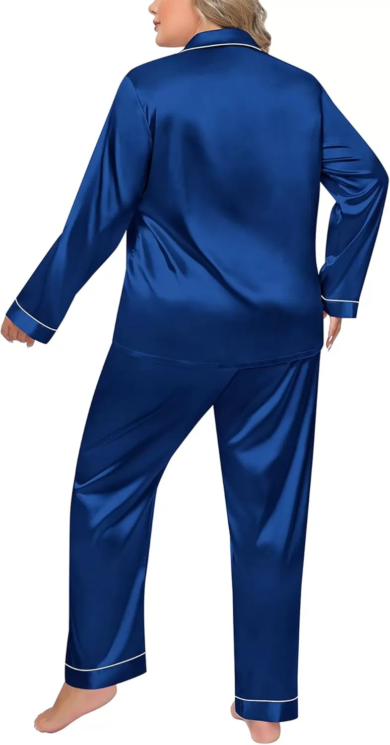 imageSWOMOG Women Plus Size Long Sleeve Pajamas Silk Satin Pajama Sets Button Down Sleepwear Pjs Loungewear with PocketsNavy Blue