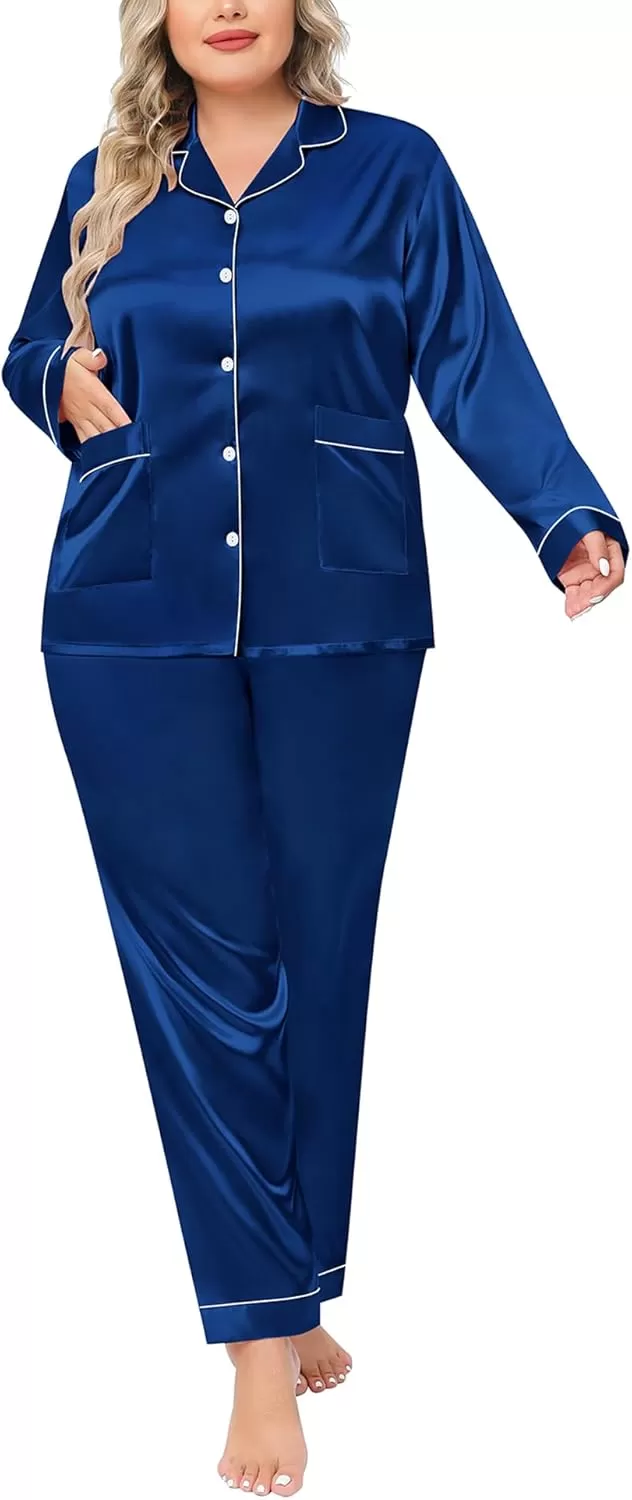 imageSWOMOG Women Plus Size Long Sleeve Pajamas Silk Satin Pajama Sets Button Down Sleepwear Pjs Loungewear with PocketsNavy Blue
