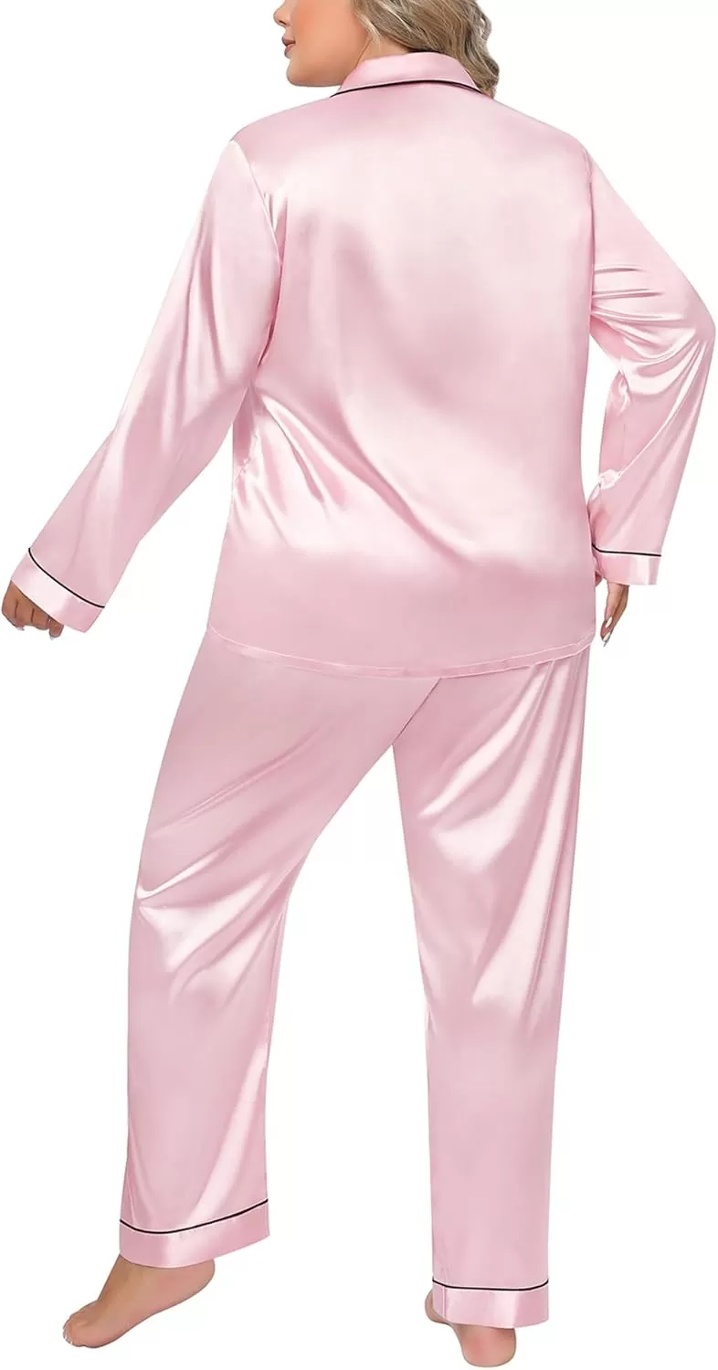 imageSWOMOG Women Plus Size Long Sleeve Pajamas Silk Satin Pajama Sets Button Down Sleepwear Pjs Loungewear with PocketsPink
