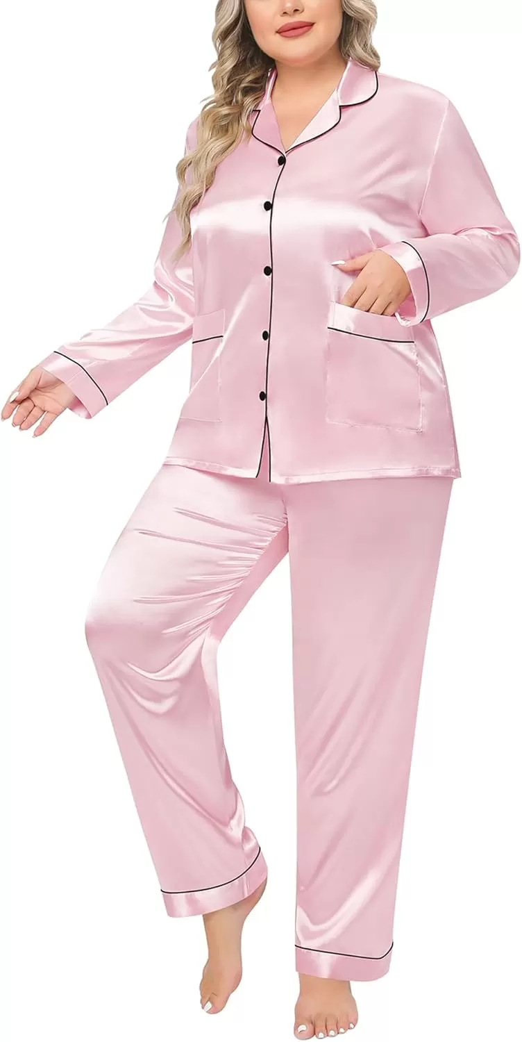 imageSWOMOG Women Plus Size Long Sleeve Pajamas Silk Satin Pajama Sets Button Down Sleepwear Pjs Loungewear with PocketsPink