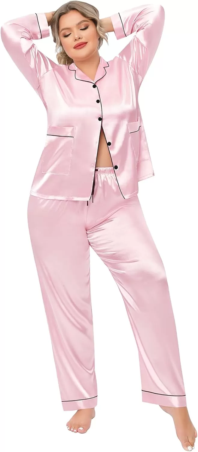 imageSWOMOG Women Plus Size Long Sleeve Pajamas Silk Satin Pajama Sets Button Down Sleepwear Pjs Loungewear with PocketsPink