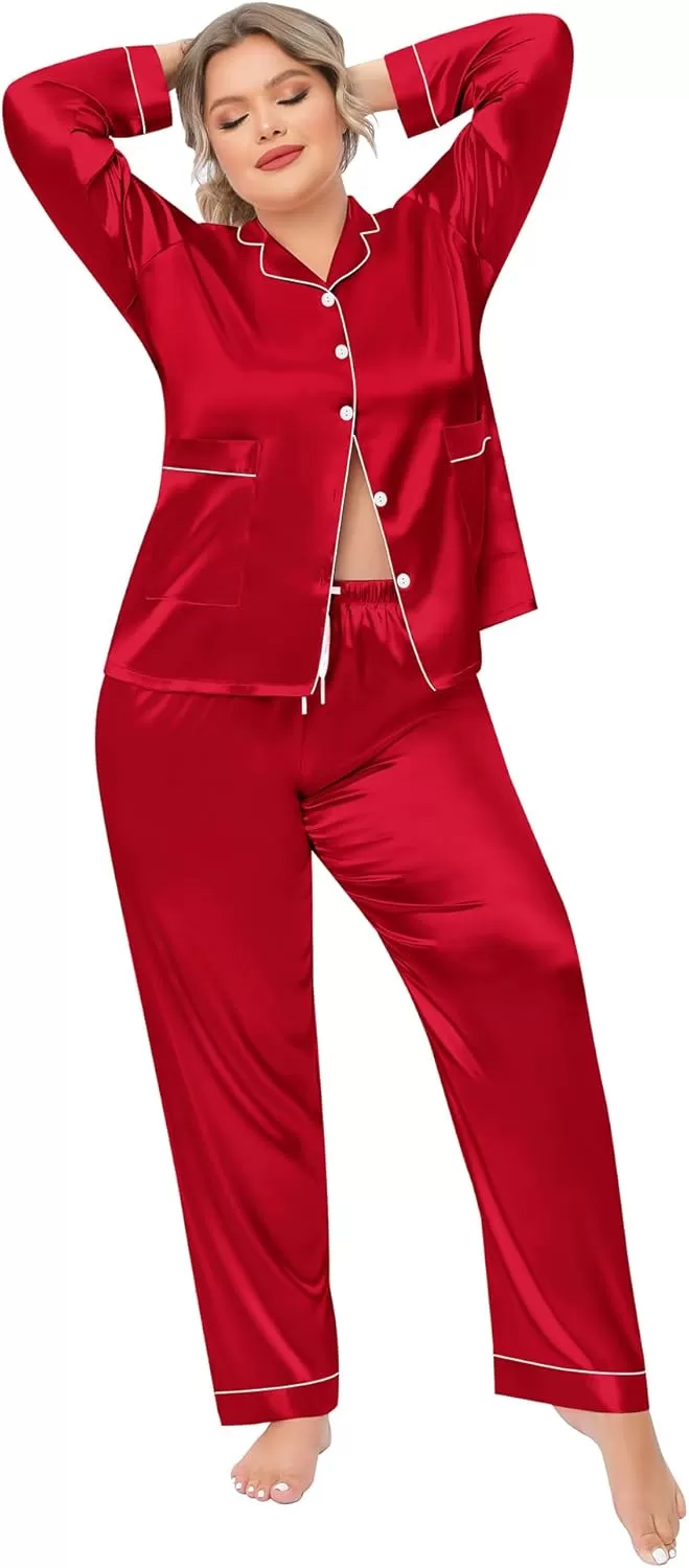 imageSWOMOG Women Plus Size Long Sleeve Pajamas Silk Satin Pajama Sets Button Down Sleepwear Pjs Loungewear with PocketsRed